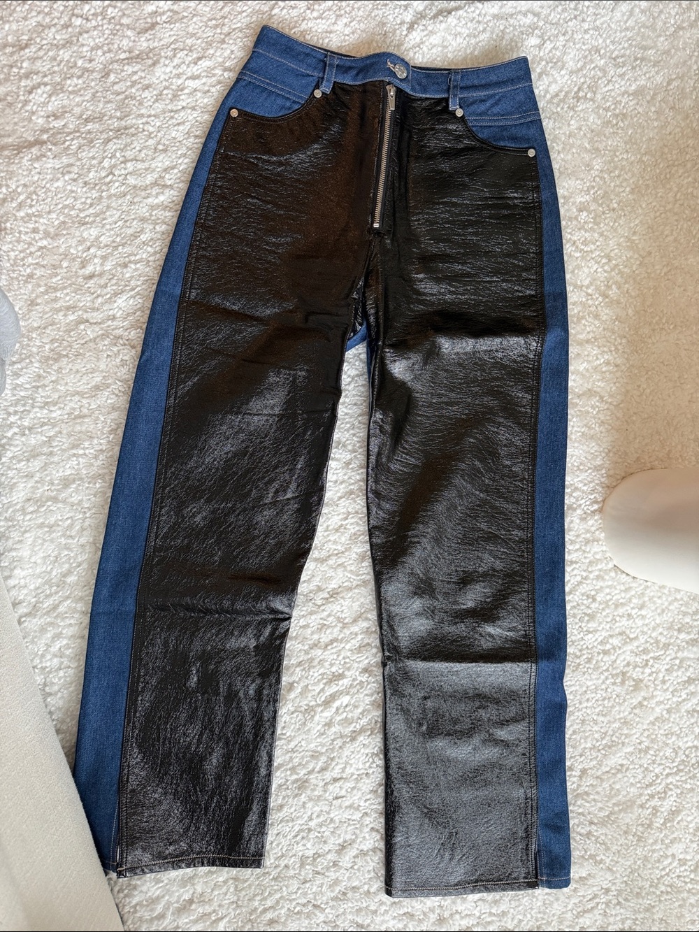 Faux Leather Blue and Black Two-Tone Jeans